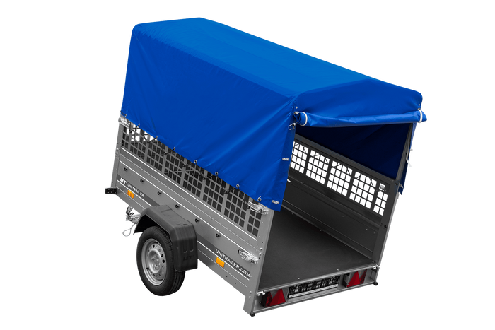 PKW-Anhänger 200x125 UNITRAILER GARDEN 201 KIPP mit Gitteraufsatz und blauer Hochplane