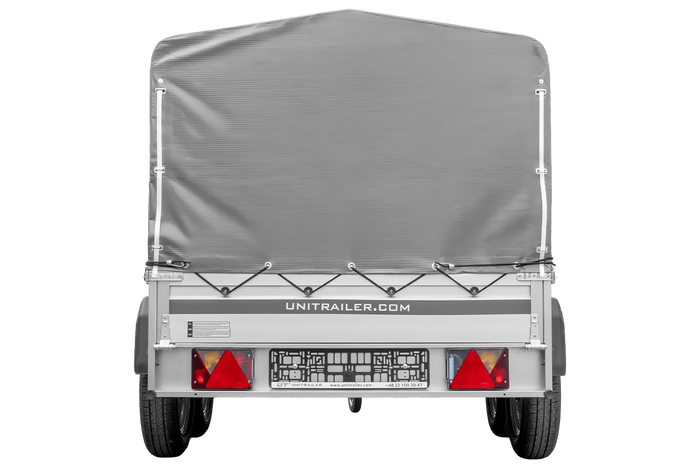 Zweiachsiger Anhänger mit Aluminiumseitenwänden 264x125 Unitrailer Garden 264/2 KIPP ALU mit H-800 Rahmen und grauer Plane