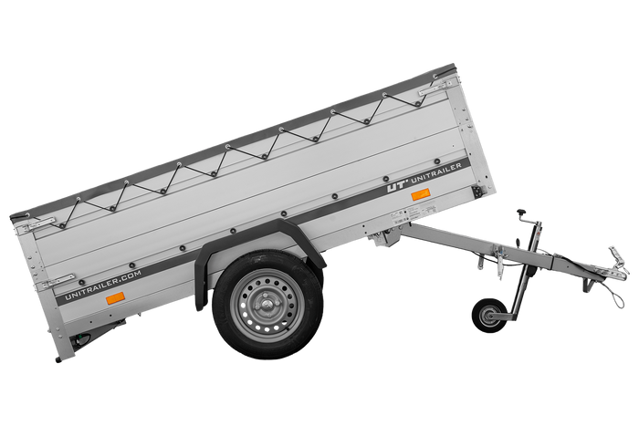 Einachsanhänger mit Aluminiumwänden 230x125 Unitrailer Garden 230 KIPP ALU mit BIS-Seitenwänden, H-0-Rahmen und grauer Plane