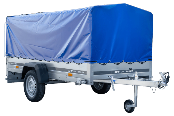 Einachsanhänger mit Blattfedern 264x125 UNITRAILER GARDEN 264/R KIPP mit H-800-Rahmen und blauer Plane