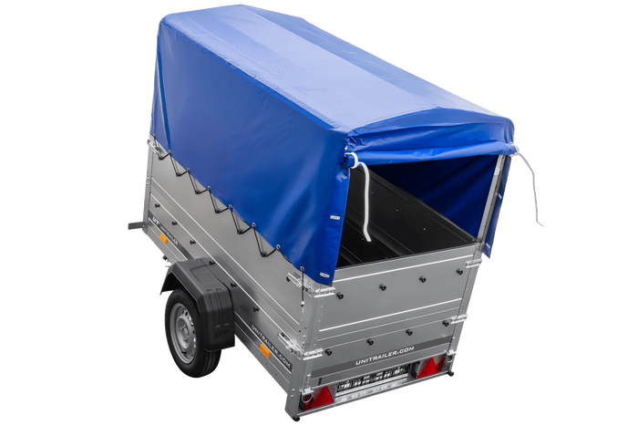 Autotransportanhänger 200x106 UNITRAILER GARDEN 200 KIPP mit BIS-Seitenwänden, H-800-Rahmen und blauer Plane