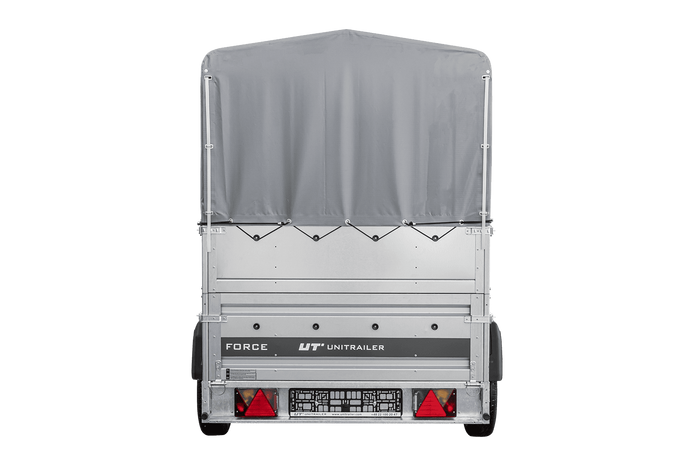 Autotransportanhänger 230x125 UNITRAILER FORCE 230 KIPP mit BIS-Seitenwänden, H-800-Rahmen und grauer Plane