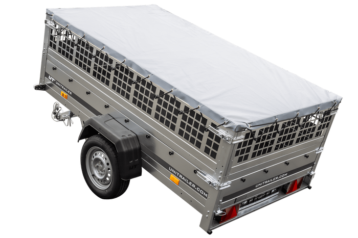PKW-Anhänger 230x125 UNITRAILER GARDEN 230 KIPP mit Gitterseitenwänden und grauer Plane