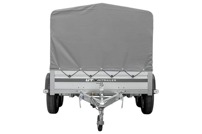 Zweiachsiger Anhänger mit Aluminiumseitenwänden 264x125 Unitrailer Garden 264/2 KIPP ALU mit H-800 Rahmen und grauer Plane