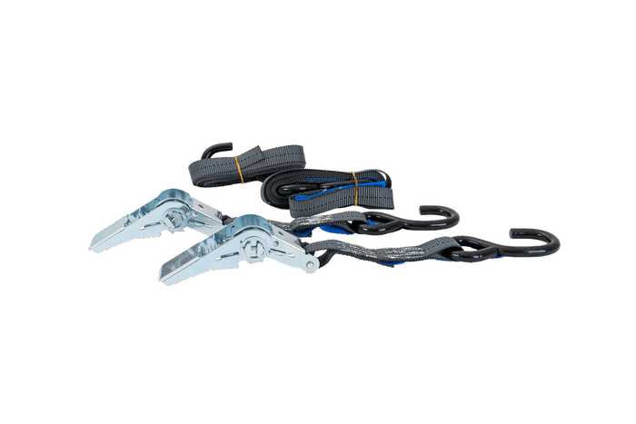 Set aus zwei HILLS 3 m/25 mm/1 t Transportgurten mit Spannvorrichtung und zwei 0,45 m Gurten zur Sicherung des Motorrads