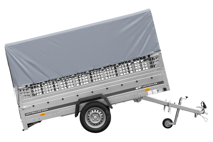 1-Achs-Anhänger GARDEN TRAILER 264 KIPP mit Laubgitteraufsatz, grauer Hochplane, Hochspriegel und Stützrad