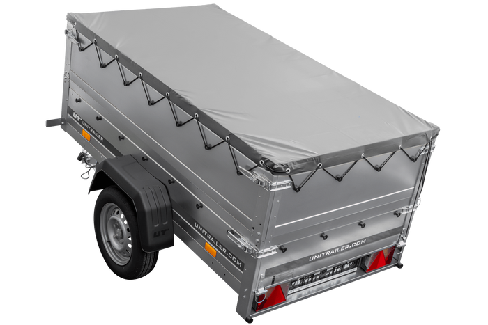 Autotransportanhänger 200x106 UNITRAILER GARDEN 200 KIPP mit BIS-Seitenwänden und grauer Plane