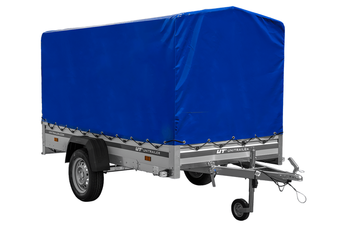 Autoanhänger mit Aluminiumseitenwänden 264x125 Unitrailer Garden 264 KIPP ALU mit H-1100 Rahmen und blauer Plane