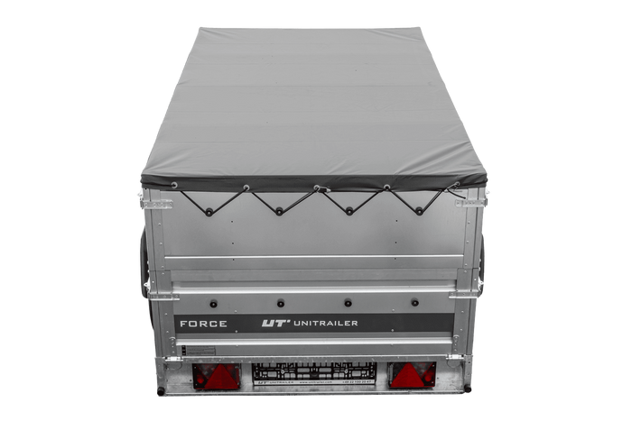 Leichter Anhänger 230x125 UNITRAILER FORCE 230 KIPP mit BIS-Seitenwänden, H-0-Rahmen und grauer Plane
