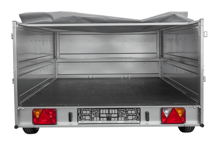 Autotransportanhänger auf Federn 264x150 UNITRAILER GARDEN 265/R KIPP mit BIS-Seitenwänden, H-0-Rahmen und grauer Plane