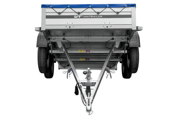 Zweiachsiger Anhänger mit Aluminiumseitenwänden 264x125 Unitrailer Garden 264/2 KIPP ALU mit H-0-Rahmen und blauer Plane