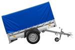 Autotransportanhänger auf Federn mit Aluminiumseitenwänden 200x125 Unitrailer Garden 201/R KIPP ALU mit H-800 Rahmen und blauer Plane