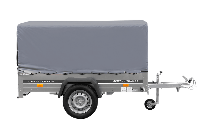 Einachsanhänger auf Federn 200x125 UNITRAILER GARDEN 201/R KIPP mit H-800-Rahmen und grauer Plane