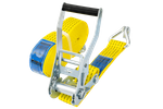 Satz aus vier gelben UNITRAILER 8m/50mm/5t Transportgurten mit Spannvorrichtung