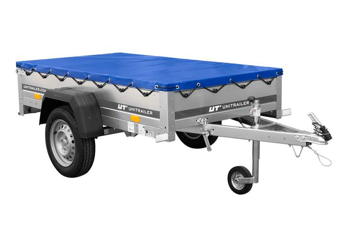 Gartenanhänger 200 Kipp mit Stützrad, H-0-Rahmen und blauer Plane