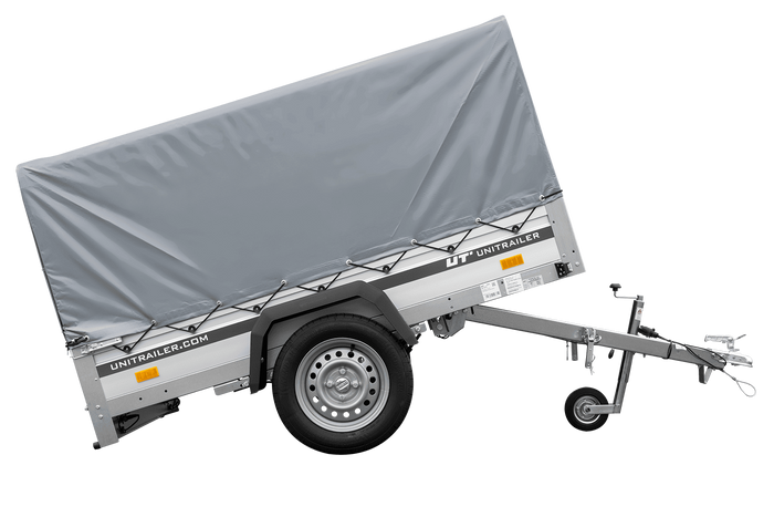 Autotransportanhänger auf Federn mit Aluminiumseitenwänden 200x125 Unitrailer Garden 201/R KIPP ALU mit H-800 Rahmen und grauer Plane