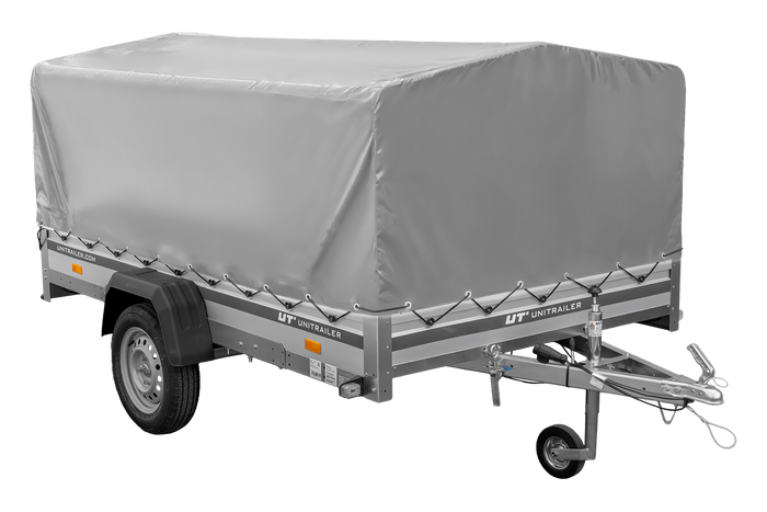 Einachsanhänger mit Aluminiumseitenwänden 264x150 Unitrailer Garden 265 KIPP ALU mit H-800 Rahmen und grauer Plane