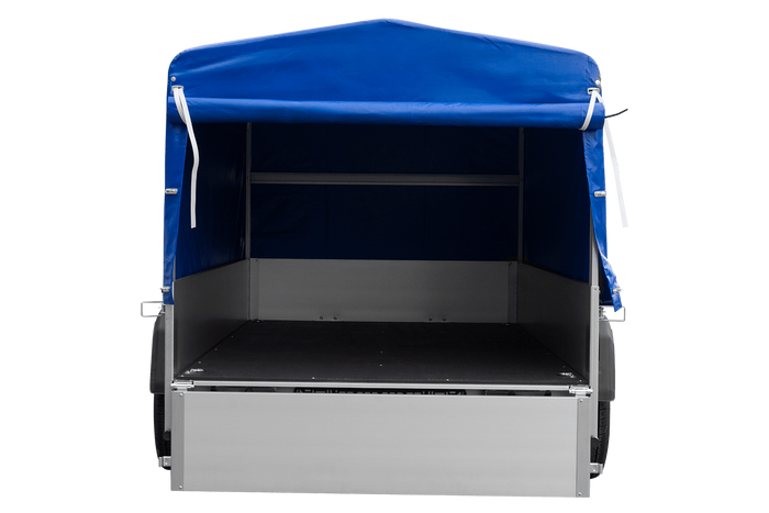 Einachsiger Anhänger auf Blattfedern mit Aluminiumseitenwänden 230x125 Unitrailer Garden 230/R KIPP ALU mit H-800 Rahmen und blauer Plane
