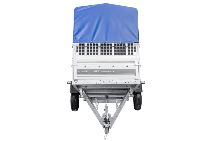 Einachsanhänger 230x125 UNITRAILER FORCE 230 KIPP mit Gitterseitenwänden, H-0-Rahmen und blauer Plane