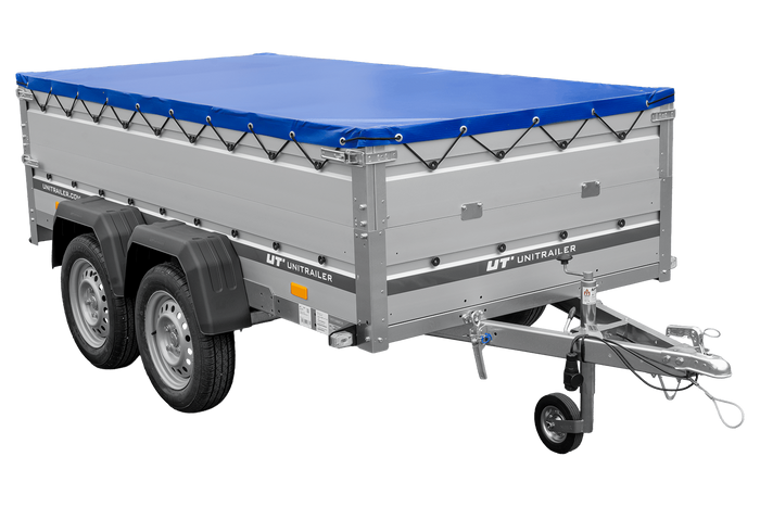 Zweiachsiger Anhänger mit Aluminiumseitenwänden 264x125 Unitrailer Garden 264/2 KIPP ALU mit BIS-Seitenwänden, H-0-Rahmen und blauer Plane