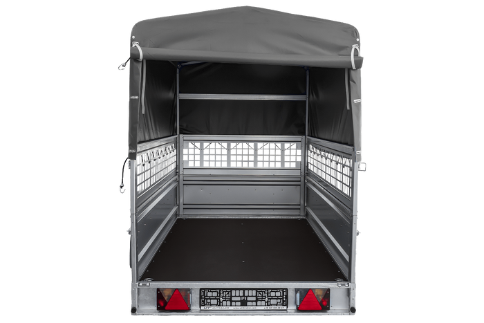 Autotransportanhänger auf Federn 264x125 UNITRAILER FORCE 264/R KIPP mit Gitterwänden, H-800 Rahmen und grauer Plane