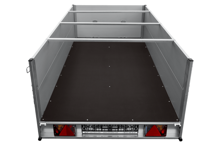 Einachsanhänger mit Aluminiumseitenwänden 264x125 Unitrailer Garden 264 KIPP ALU mit BIS-Seitenwänden, H-0-Rahmen und grauer Plane