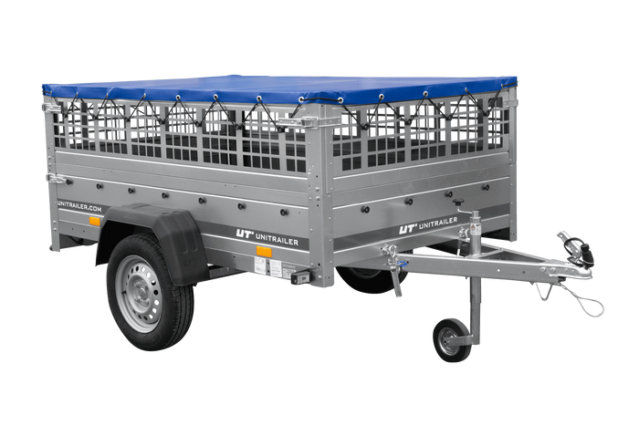 PKW-Anhänger 200x125 UNITRAILER GARDEN 201 KIPP mit Gitteraufsatz und blauer Flachplane 