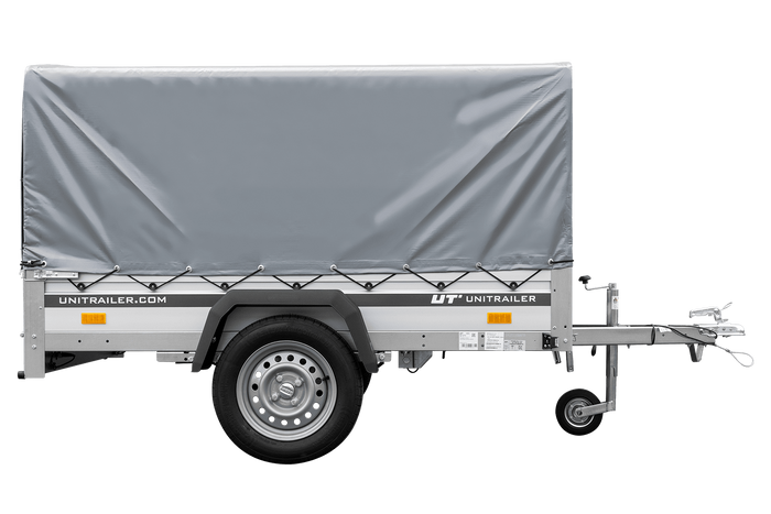 Autotransportanhänger auf Federn mit Aluminiumseitenwänden 200x125 Unitrailer Garden 201/R KIPP ALU mit H-800 Rahmen und grauer Plane