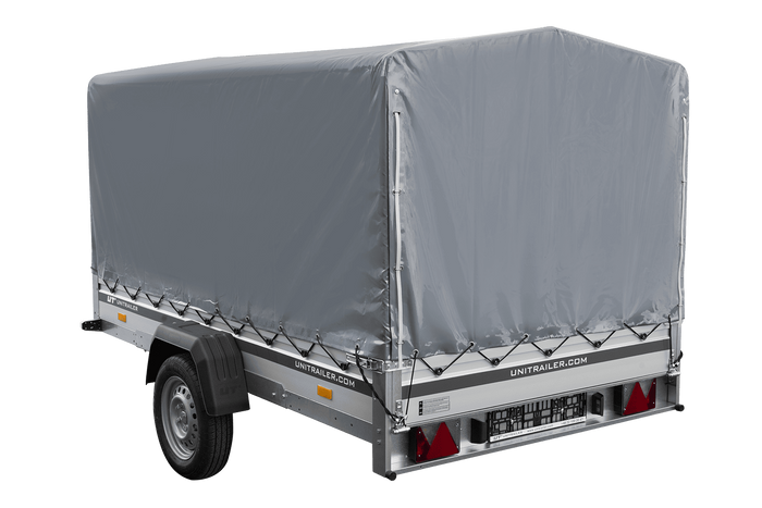 Autotransportanhänger mit Aluminiumseitenwänden 264x150 Unitrailer Garden 265 KIPP ALU mit H-1100 Rahmen und grauer Plane