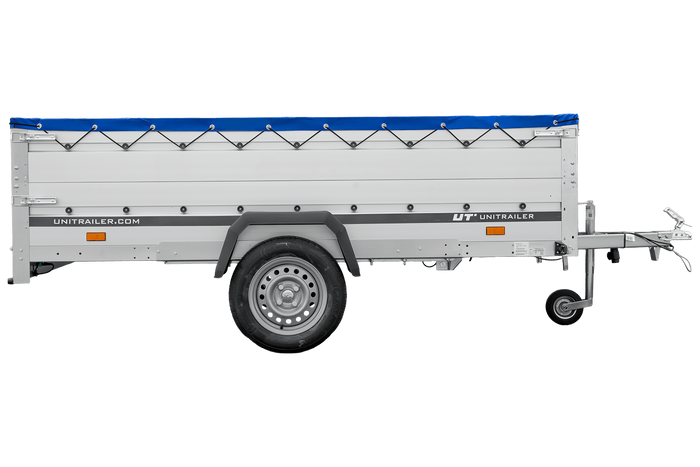 Einachsanhänger mit Aluminiumseitenwänden 264x125 Unitrailer Garden 264 KIPP ALU mit BIS-Seitenwänden, H-0-Rahmen und blauer Plane