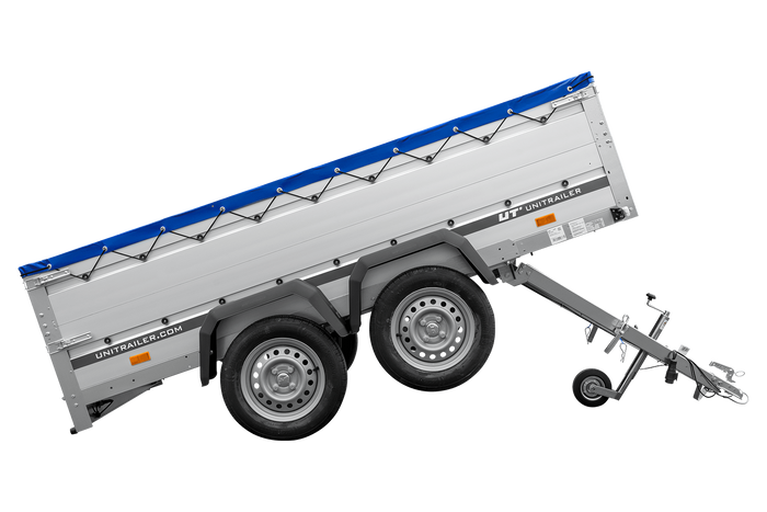 Zweiachsiger Anhänger mit Aluminiumseitenwänden 264x125 Unitrailer Garden 264/2 KIPP ALU mit BIS-Seitenwänden, H-0-Rahmen und blauer Plane