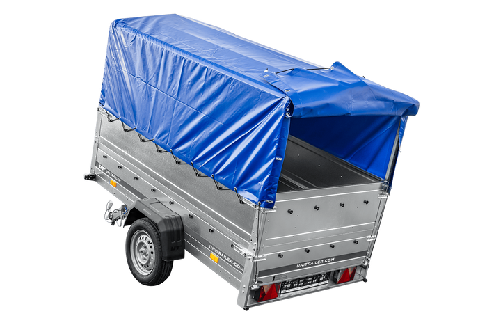 PKW-Anhänger 230x125 UNITRAILER GARDEN 230 KIPP mit Zusätzbordwänden und blauer Hochplane