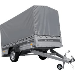 Einachsiger Federanhänger 264x125 UNITRAILER FORCE 264/R KIPP mit H-1100 Rahmen und grauer Plane