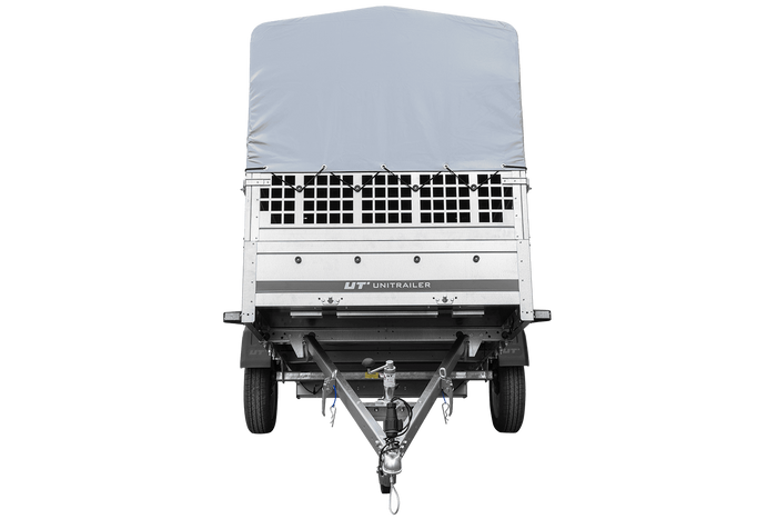 1-Achs-Anhänger GARDEN TRAILER 264 KIPP mit Laubgitteraufsatz, grauer Hochplane, Hochspriegel und Stützrad