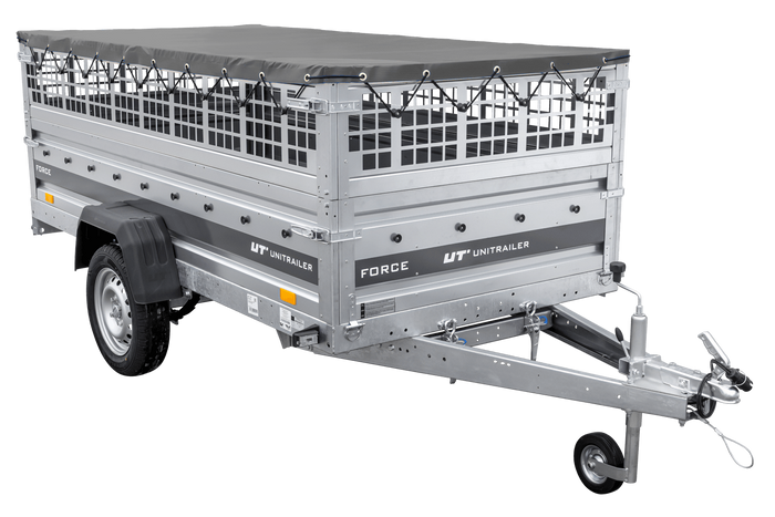 Einachsiger Anhänger auf Blattfedern 264x125 UNITRAILER FORCE 264/R KIPP mit Gitterseitenwänden, H-0-Rahmen und grauer Plane