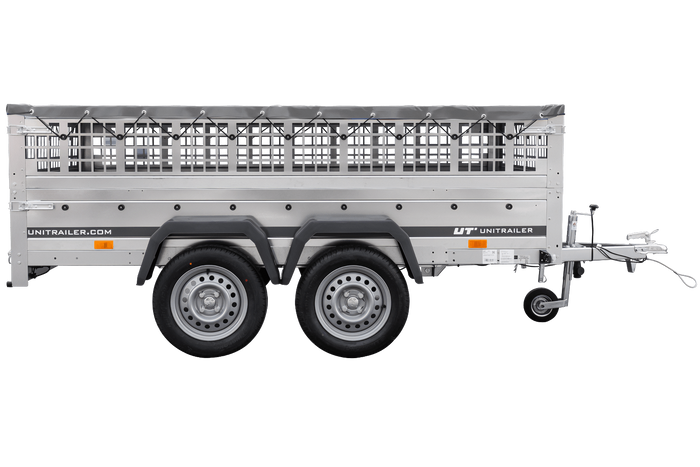 Leichter Anhänger 264x150 UNITRAILER GARDEN 265/2 KIPP mit Gitterwänden, H-0-Rahmen und grauer Plane