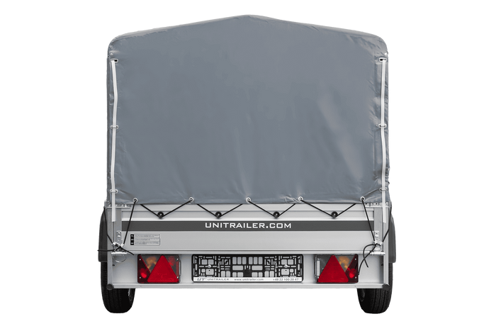 Einachsiger Anhänger auf Blattfedern mit Aluminiumseitenwänden 230x125 Unitrailer Garden 230/R KIPP ALU mit H-800 Rahmen und grauer Plane