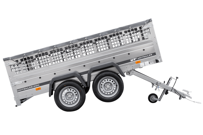 Leichter Anhänger 264x150 UNITRAILER GARDEN 265/2 KIPP mit Gitterwänden, H-0-Rahmen und grauer Plane