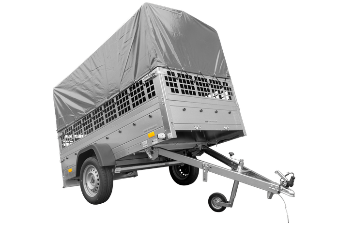 Planenanhänger 230x125 Garden Trailer 230 KIPP mit Laubgitteraufsatz, grauer Hochplane, Hochspriegel und Stützrad