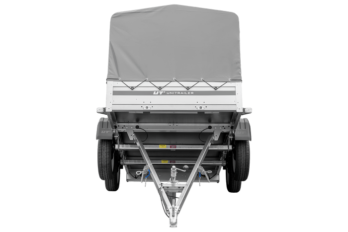 Zweiachsiger Anhänger mit Aluminiumseitenwänden 264x125 Unitrailer Garden 264/2 KIPP ALU mit H-800 Rahmen und grauer Plane