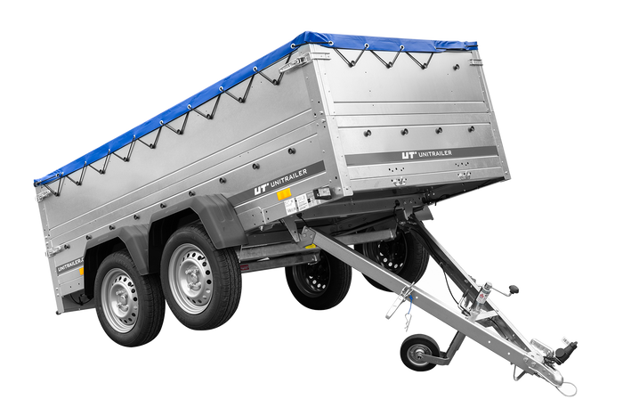 GARDEN TRAILER 264/2 KIPP Zweiachsanhänger mit Stützrad, Planenträgern, zus. Bordwänden und blauer Flachplane