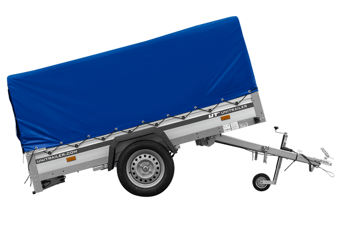 Einachsiger Anhänger auf Blattfedern mit Aluminiumseitenwänden 230x125 Unitrailer Garden 230/R KIPP ALU mit H-800 Rahmen und blauer Plane