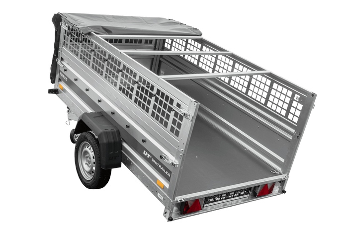 Einachsanhänger 230x125 UNITRAILER FORCE 230 KIPP mit Gitterwänden, H-0-Rahmen und grauer Plane