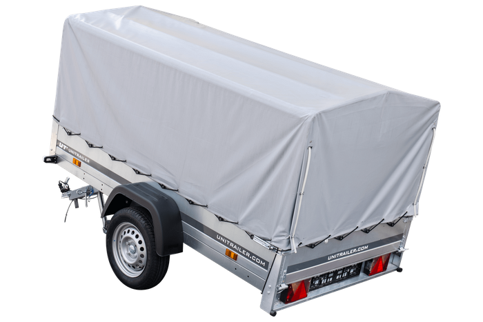 PKW-Anhänger 230x125 UNITRAILER GARDEN 230 KIPP mit Spriegel 80 cm und grauer Hochplane