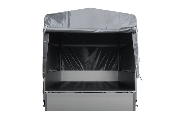 Autotransportanhänger mit Aluminiumseitenwänden 264x150 Unitrailer Garden 265 KIPP ALU mit H-1100 Rahmen und grauer Plane