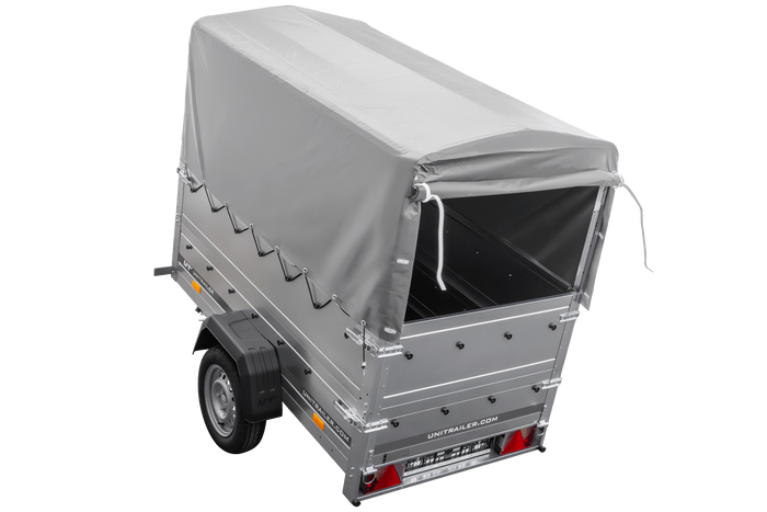 Leichter Anhänger 200x106 UNITRAILER GARDEN 200 KIPP mit BIS-Seitenwänden, H-800-Rahmen und grauer Plane