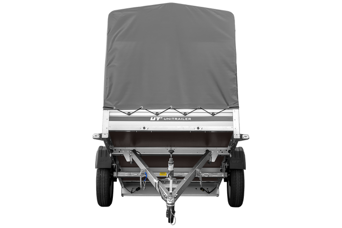 Autotransportanhänger mit Aluminiumwänden 230x125 Unitrailer Garden 230 KIPP ALU mit H1100-Rahmen und grauer Plane