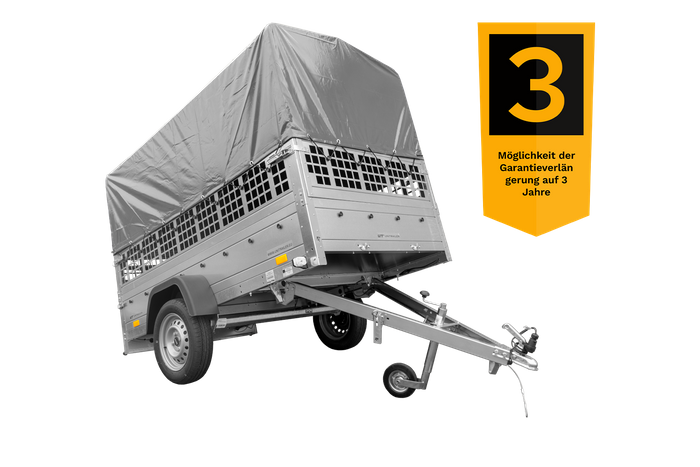 Planenanhänger 230x125 Garden Trailer 230 KIPP mit Laubgitteraufsatz, grauer Hochplane, Hochspriegel und Stützrad