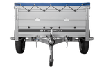 Autotransportanhänger mit Aluminiumwänden 200x125 Unitrailer Garden 201 KIPP ALU mit BIS-Seitenwänden, H-0-Rahmen und blauer Plane