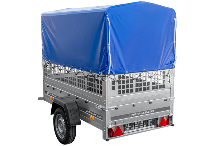 Leichter Anhänger 200x106 UNITRAILER GARDEN 200 KIPP mit Gitterwänden, H-800 Rahmen und blauer Plane